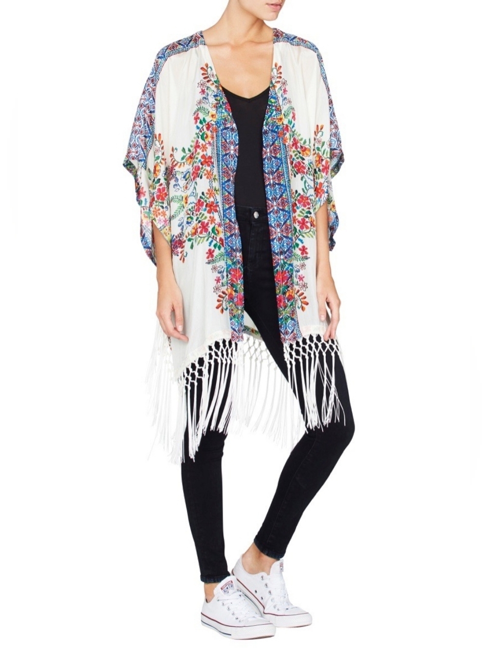 NWT JOHNNY WAS Lovely Silk Floral Cardigan Kimono Jacket with Crochet Fringe